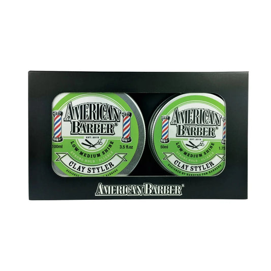 Front view of the American Barber Clay Styler Duo 100ml Matte Finish Hair Styling Clay packaging with jars displayed.