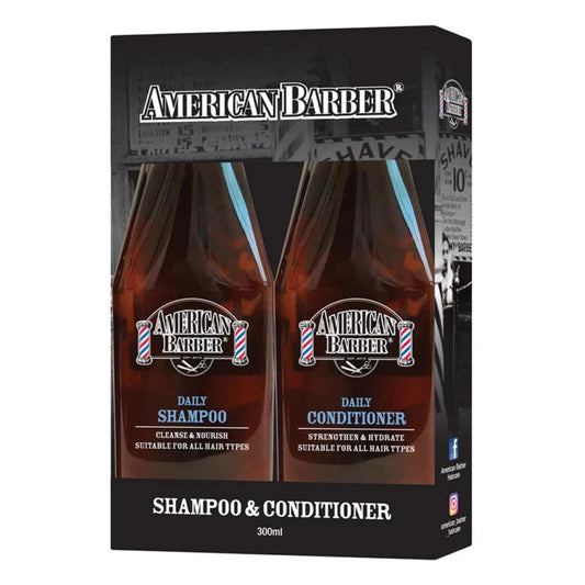Front view of the American Barber Daily Duo Shampoo and Conditioner 300ml bottles with labels facing forward.