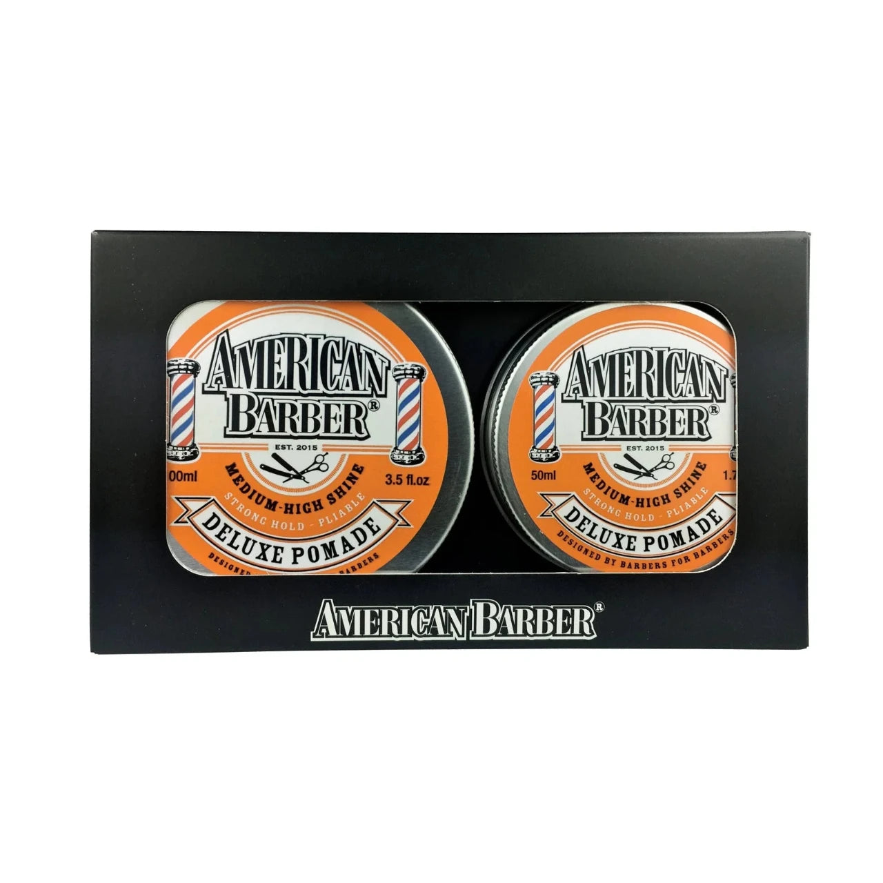 Front view of the American Barber Deluxe Pomade Duo 100ml High Shine Hair Styling Pomade packaging with jars displayed.