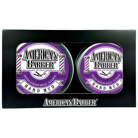 Front view of the American Barber Hard Mud Duo 100ml Strong Hold Matte Hair Styling Mud packaging with jars displayed.