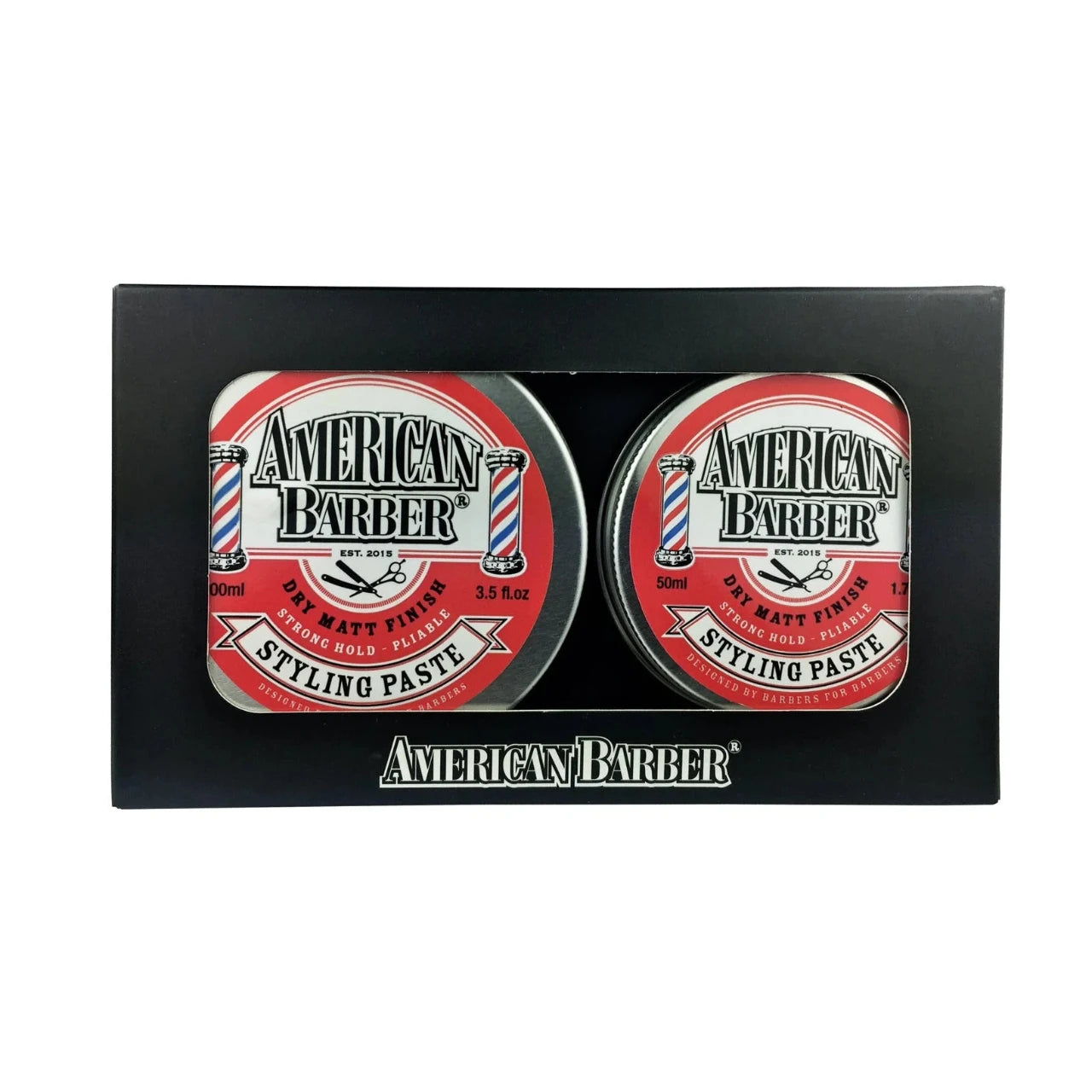 Front view of the American Barber Styling Paste Duo 100ml packaging with jars displayed.