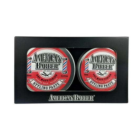 Front view of the American Barber Styling Paste Duo 100ml packaging with jars displayed.