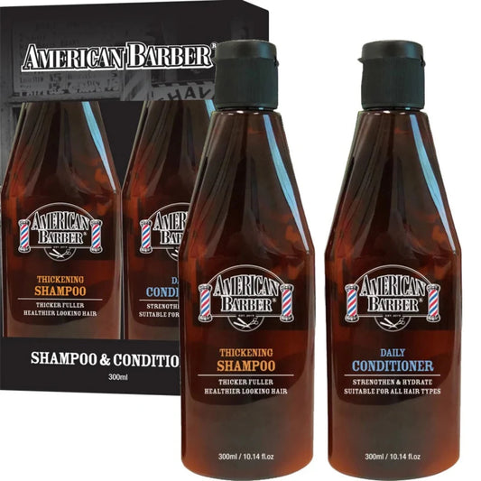 Front view of the American Barber Thickening Duo Shampoo and Conditioner 300ml bottles with labels facing forward.