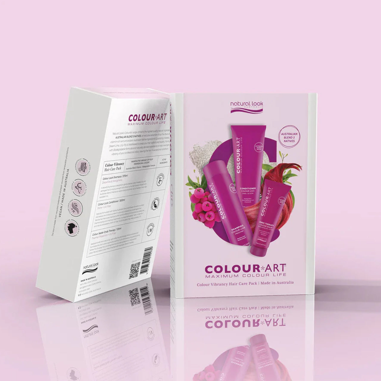 Front view of the Natural Look Colour Art Pack 3pc with products displayed. Complete Coloured Hair Care Set
