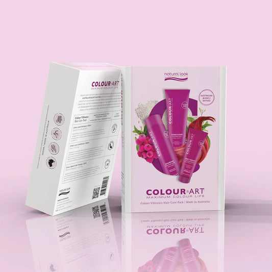 Front view of the Natural Look Colour Art Pack 3pc with products displayed. Complete Coloured Hair Care Set