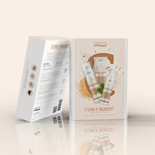 Front view of the Natural Look Curly Boost Pack 3pc with all three products displayed.