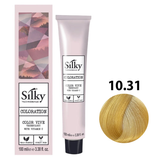 SILKY COLOUR 10.31 - GOLDEN ASH BLONDE Hair Dye 100ml bottle front view"