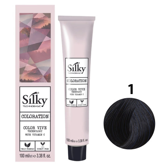 SILKY COLOUR 1 - BLACK Hair Dye 100ml bottle front view