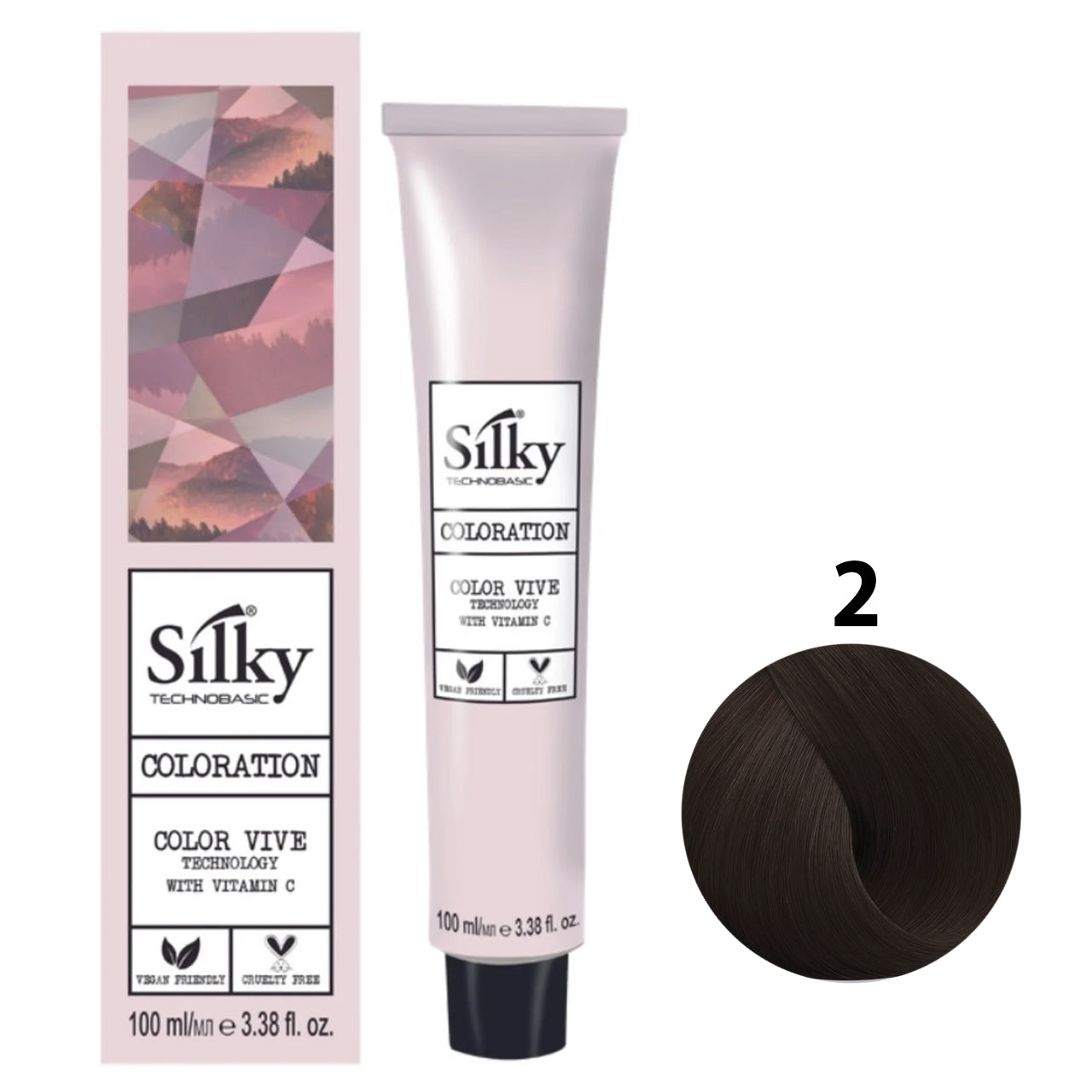 SILKY COLOUR 2 - VERY DARK BROWN Hair Dye 100ml bottle front view