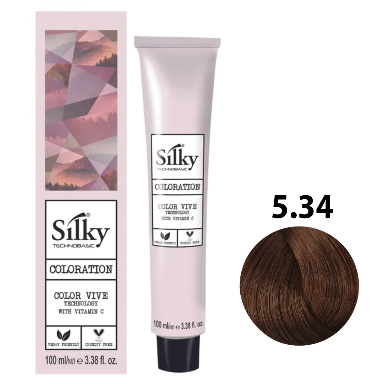 SILKY COLOUR 5.34 - LIGHT GOLDEN COPPER BROWN Hair Dye 100ml bottle front view