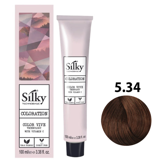 SILKY COLOUR 5.34 - LIGHT GOLDEN COPPER BROWN Hair Dye 100ml bottle front view