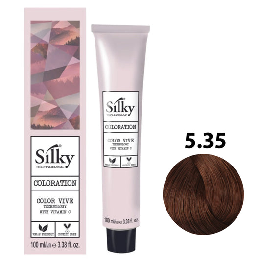 SILKY COLOUR 5.35 - LIGHT GOLDEN MAHOGANY BROWN Hair Dye 100ml bottle front view