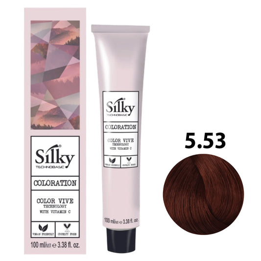 SILKY COLOUR 5.53 - LIGHT MAHOGANY GOLDEN BROWN Hair Dye 100ml bottle front view