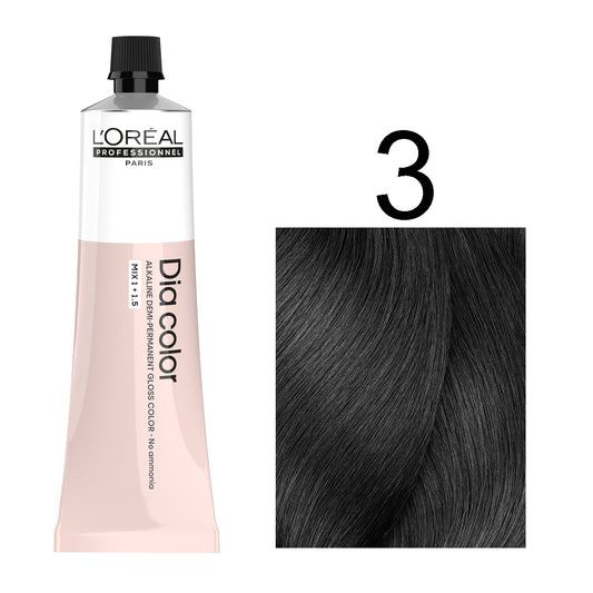 L'Oréal Professionnel Dia Color professional hair dye tube in shade 3 Dark Brown, 60ML size with rich brown color swatch