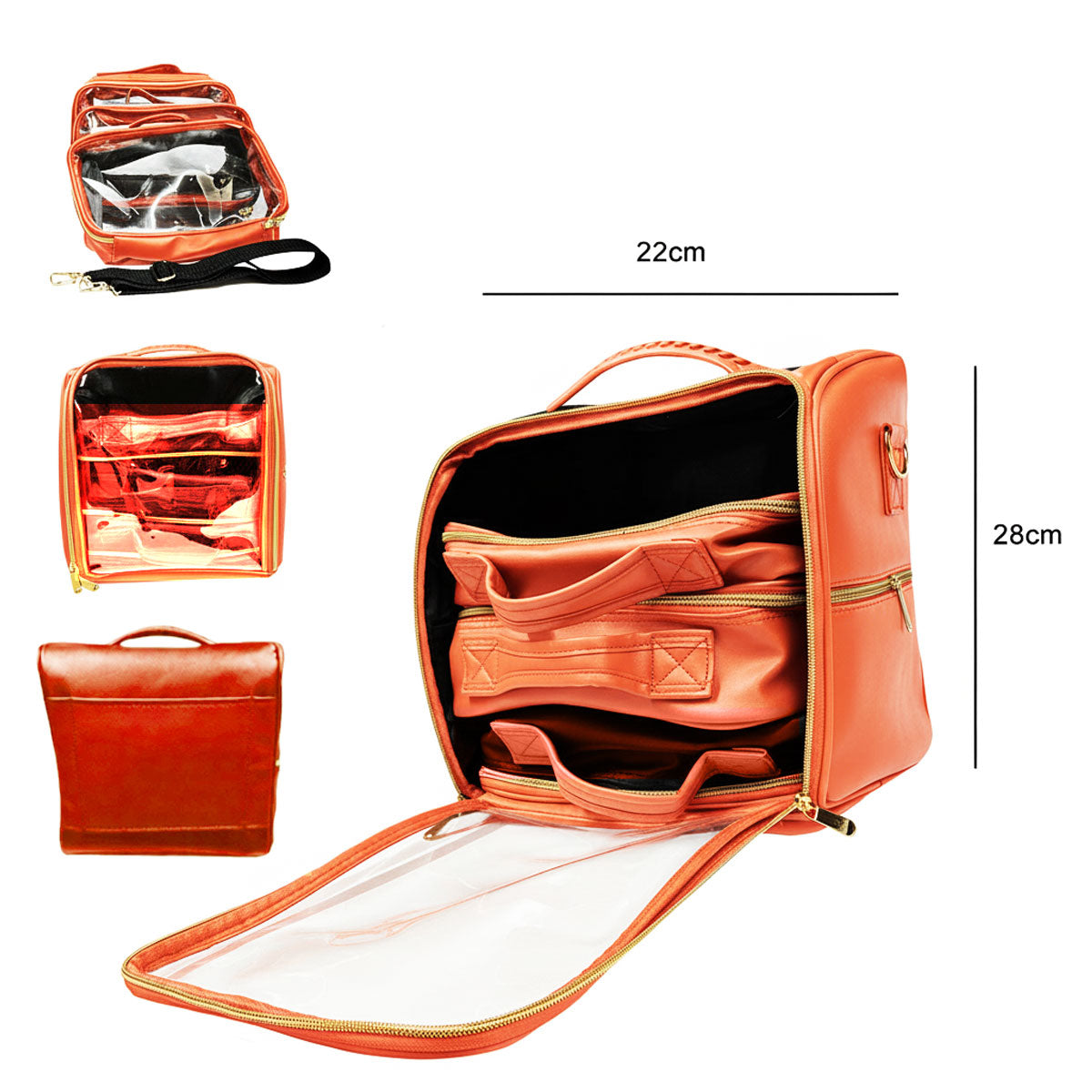 Water Proof  Makeup And Beauty Bag With Transparent Frontage 4Pcs Vibrant Orange