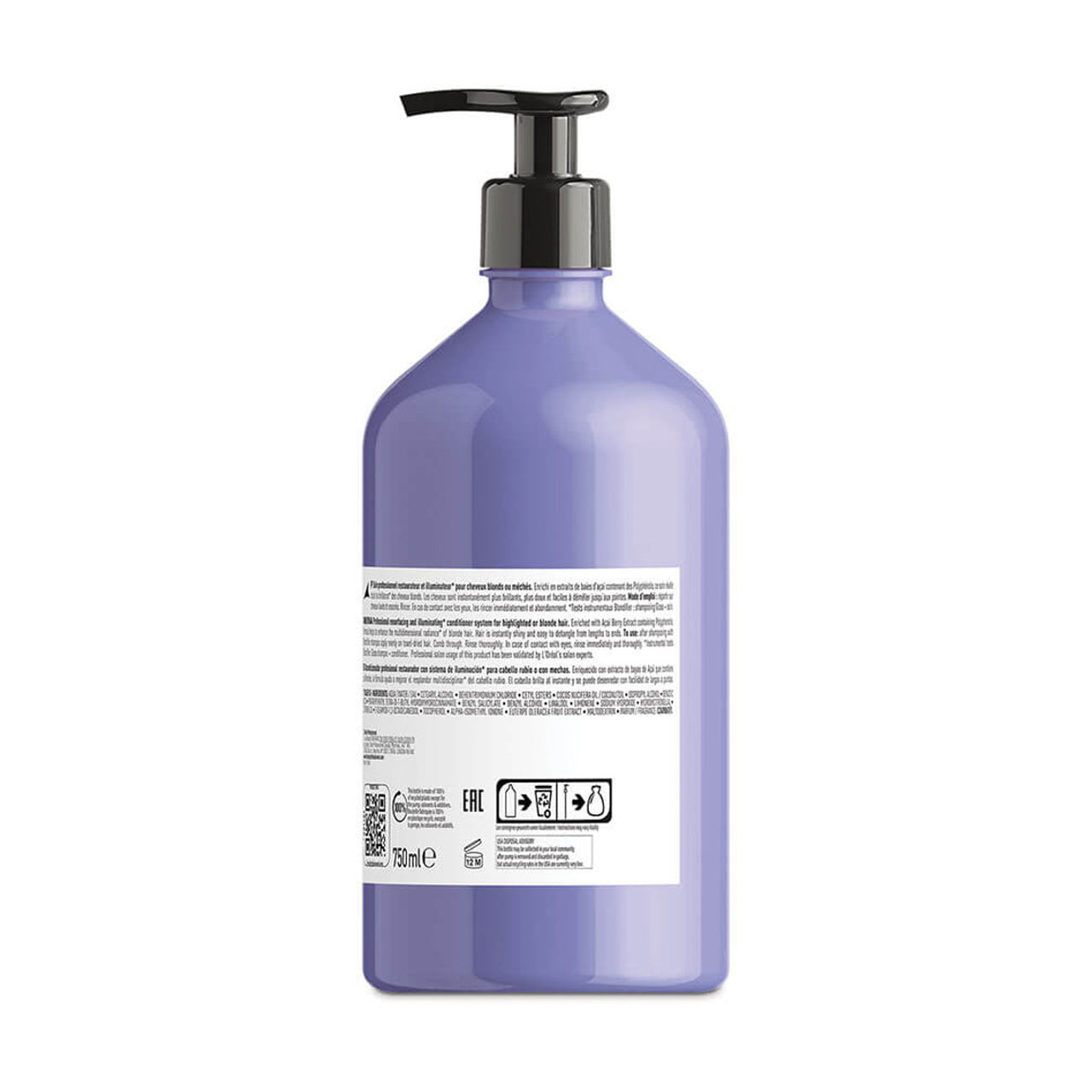 L'Oréal Professionnel Blondifier conditioner 750ML salon size showing professional formula details, usage instructions and the signature purple toning system