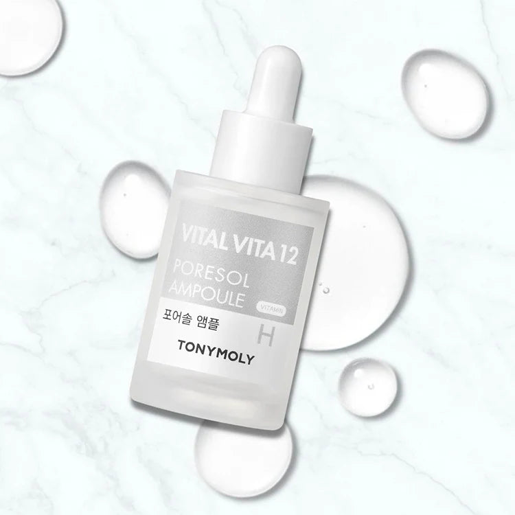 For the Product in Use/Lifestyle: "TONYMOLY Vital Vita 12 Poresol Ampoule transparent serum with dropper applicator, showing lightweight texture and concentrated formula for professional skincare results