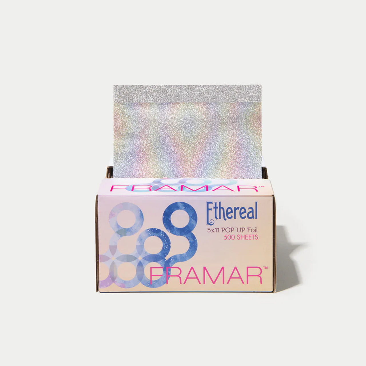 Framar Ethereal Pop Up Foils retail packaging showing 500-count box of 5x11 inch professional salon foil sheets with premium dispensing system